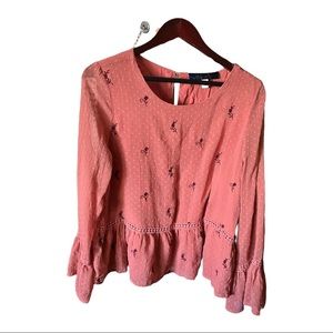 Blue Rain Sz M terra cotta lined embossed textured fabric w/sheer long sleeves